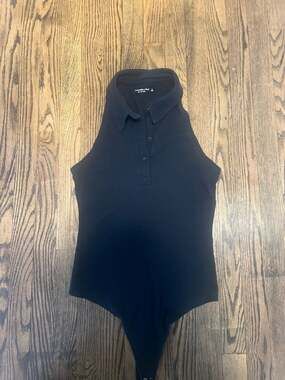Abercrombie & Fitch Soft A&F Ribbed Polo Halter Bodysuit Black Size L